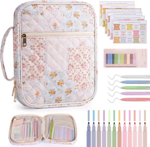 Bible Cover Case for Women, Large Quilted Bible Carrying Case with Handles, Bible Study Supplies & Accessories Christian Gifts for Women(Spliced Flower) in Kuwait