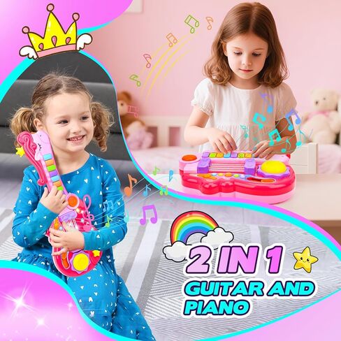 لعبة جيتار للأطفال هدية لفتاة تبلغ من العمر 3 سنوات جيتار كهربائي 2 في 1 مع وضع البيانو للأطفال الصغار تضيء ألعاب الموسيقى لهدايا الأولاد والبنات من عمر 3 و4 و5 سنوات in Kuwait