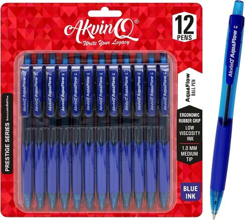 AKVINQ® AquaFlow Retractable Ballpoint Pen – 12 Blue Ink Pens | 1.0mm Medium Tip | Low-Viscosity Smooth Ink | Ergonomic Rubber Grip | Smudge-Free | Transparent Barrel | Office & School Writing in Saudi Arabia