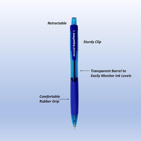 AKVINQ® AquaFlow Retractable Ballpoint Pen – 12 Blue Ink Pens | 1.0mm Medium Tip | Low-Viscosity Smooth Ink | Ergonomic Rubber Grip | Smudge-Free | Transparent Barrel | Office & School Writing in Saudi Arabia