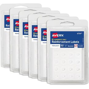 ملصقات تقوية Avery، قطر 1/4 بوصة، لاصق دائم، أبيض، غير قابل للطباعة، 560 ملصقًا في كل عبوة، 6 عبوات، إجمالي 3,360 صفحة من الملصقات المعززة (6739) in Kuwait