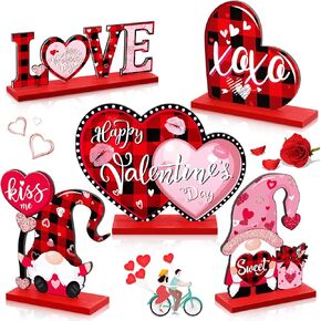 5 Pcs Valentine's Day Wooden Table Sign Decoration Freestanding Table Centerpiece Sign Romantic Love Heart Shape Home Decor Tiered Tray Wood Gnome Valentines Day Accessories for Table Wedding Party in Kuwait