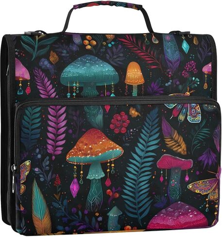 3 D-Ring Zipper Binder Bag, Witch Mushroom Black Background Pattern Removable Binder with Zipper Case Hold 300+ Sheets& 13 Inch Laptop for School Office Supplies Organizer in Saudi Arabia