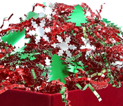 PAPER FAIR 1LB Metallic Red Green Christmas Crinkle Cut Paper Shred Filler w/Tree & Snowflake Confetti, Gift Wrap Packaging Raffia Tissue Strand, Craft Bedding Cushion, Winter Birthday Box Basket in Saudi Arabia