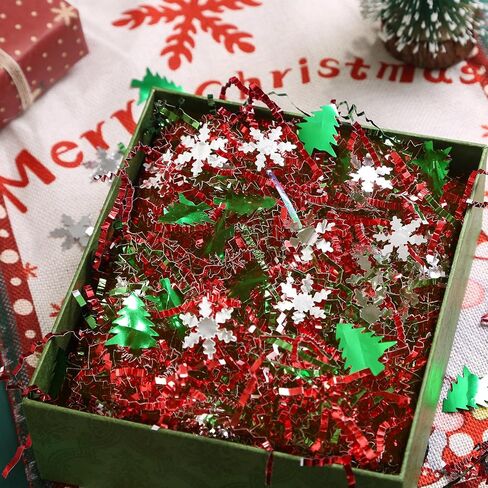 PAPER FAIR 1LB Metallic Red Green Christmas Crinkle Cut Paper Shred Filler w/Tree & Snowflake Confetti, Gift Wrap Packaging Raffia Tissue Strand, Craft Bedding Cushion, Winter Birthday Box Basket in Saudi Arabia
