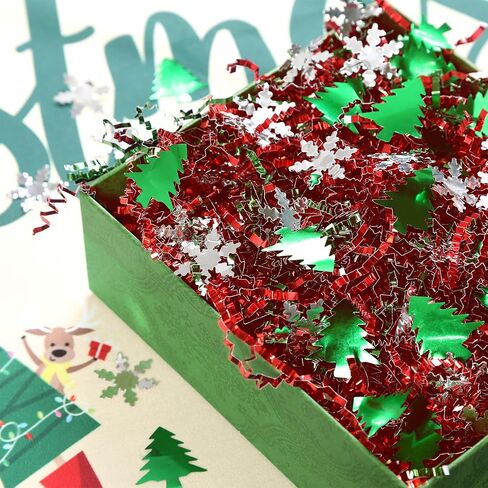 PAPER FAIR 1LB Metallic Red Green Christmas Crinkle Cut Paper Shred Filler w/Tree & Snowflake Confetti, Gift Wrap Packaging Raffia Tissue Strand, Craft Bedding Cushion, Winter Birthday Box Basket in Saudi Arabia