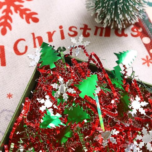 PAPER FAIR 1LB Metallic Red Green Christmas Crinkle Cut Paper Shred Filler w/Tree & Snowflake Confetti, Gift Wrap Packaging Raffia Tissue Strand, Craft Bedding Cushion, Winter Birthday Box Basket in Saudi Arabia