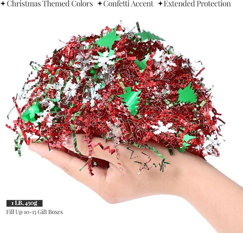 PAPER FAIR 1LB Metallic Red Green Christmas Crinkle Cut Paper Shred Filler w/Tree & Snowflake Confetti, Gift Wrap Packaging Raffia Tissue Strand, Craft Bedding Cushion, Winter Birthday Box Basket in Saudi Arabia