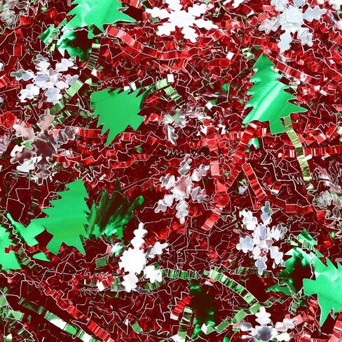 PAPER FAIR 1LB Metallic Red Green Christmas Crinkle Cut Paper Shred Filler w/Tree & Snowflake Confetti, Gift Wrap Packaging Raffia Tissue Strand, Craft Bedding Cushion, Winter Birthday Box Basket in Saudi Arabia