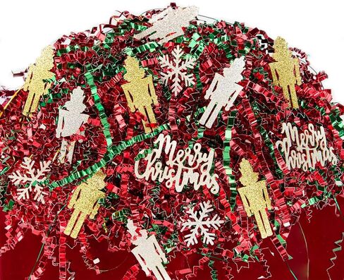PAPER FAIR 1LB Metallic Red Green Christmas Crinkle Cut Paper Shred Filler w/Tree & Snowflake Confetti, Gift Wrap Packaging Raffia Tissue Strand, Craft Bedding Cushion, Winter Birthday Box Basket in Saudi Arabia