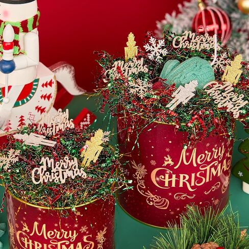 PAPER FAIR 1LB Metallic Red Green Christmas Crinkle Cut Paper Shred Filler w/Tree & Snowflake Confetti, Gift Wrap Packaging Raffia Tissue Strand, Craft Bedding Cushion, Winter Birthday Box Basket in Saudi Arabia