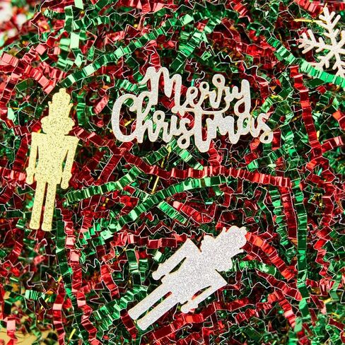 PAPER FAIR 1LB Metallic Red Green Christmas Crinkle Cut Paper Shred Filler w/Tree & Snowflake Confetti, Gift Wrap Packaging Raffia Tissue Strand, Craft Bedding Cushion, Winter Birthday Box Basket in Saudi Arabia