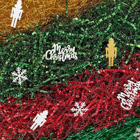 PAPER FAIR 1LB Metallic Red Green Christmas Crinkle Cut Paper Shred Filler w/Tree & Snowflake Confetti, Gift Wrap Packaging Raffia Tissue Strand, Craft Bedding Cushion, Winter Birthday Box Basket in Saudi Arabia