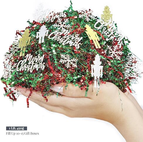 PAPER FAIR 1LB Metallic Red Green Christmas Crinkle Cut Paper Shred Filler w/Tree & Snowflake Confetti, Gift Wrap Packaging Raffia Tissue Strand, Craft Bedding Cushion, Winter Birthday Box Basket in Saudi Arabia