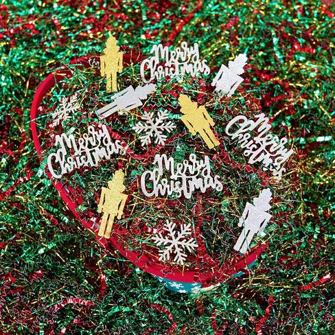 PAPER FAIR 1LB Metallic Red Green Christmas Crinkle Cut Paper Shred Filler w/Tree & Snowflake Confetti, Gift Wrap Packaging Raffia Tissue Strand, Craft Bedding Cushion, Winter Birthday Box Basket in Saudi Arabia