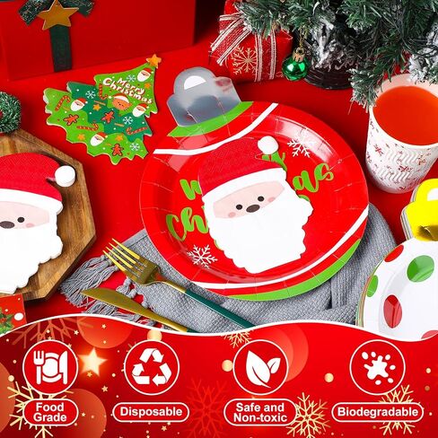 مجموعة أطباق ومناديل عيد الميلاد مكونة من 64 قطعة تكفي لـ 24 لوازم حفلات عيد الميلاد مقاس 9 بوصة، أطباق ورقية للاستعمال مرة واحدة، مناديل شجرة عيد الميلاد لتناول العشاء والحلوى وأواني الطعام في العطلات in Kuwait