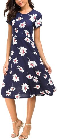 Urban CoCo Women's Vintage Short Sleeve High Waist Flared Midi Casual Summer Dress in Kuwait