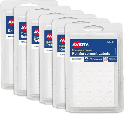 ملصقات تقوية Avery، قطر 1/4 بوصة، لاصق دائم، أبيض، غير قابل للطباعة، 560 ملصقًا في كل عبوة، 6 عبوات، إجمالي 3,360 صفحة من الملصقات المعززة (6739) in Kuwait