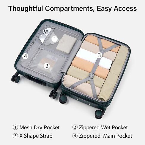 هانكي تحمل الأمتعة 22 × 14 × 9 عجلات دوارة معتمدة من شركة الطيران حقائب ذات هيكل صلب للنساء والرجال حقيبة سفر للأمتعة من TSA حقيبة سفر خفيفة الوزن 20 بوصة (أخضر خيزران) in Kuwait