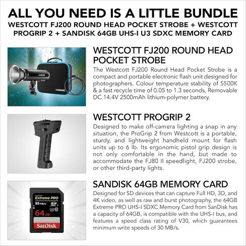 Westcott FJ200 200W ستروب مع بطارية ليثيوم بوليمر AC/DC | ذراع تمديد 8 بوصات وحزمة بطاقة ذاكرة SDXC سعة 64 جيجابايت in Saudi Arabia