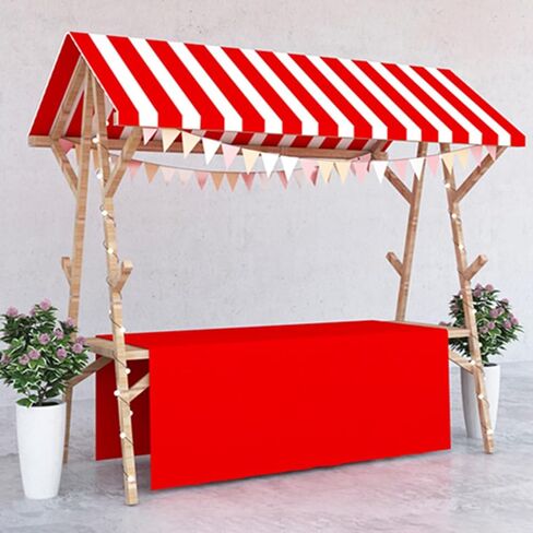 Wooden Street Booth Vendor Display Stand, Rolling Market Cart Stall with Red Awning & Table Cloth, Outdoor Vending Kiosk for Retail Shops Fairs in Saudi Arabia