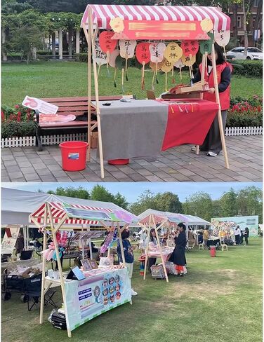 Wooden Street Booth Vendor Display Stand, Rolling Market Cart Stall with Red Awning & Table Cloth, Outdoor Vending Kiosk for Retail Shops Fairs in Saudi Arabia