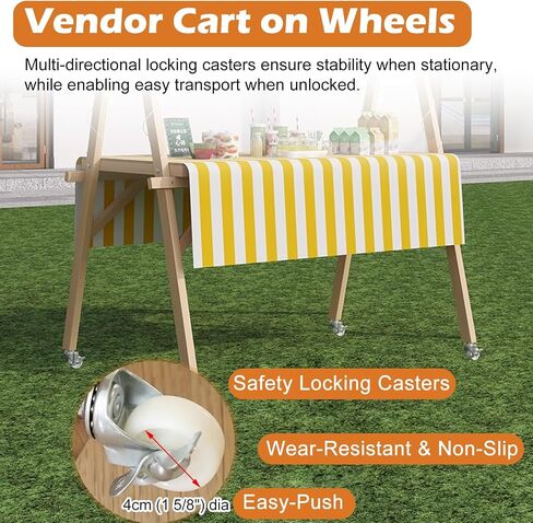 Wooden Street Booth Vendor Display Stand, Rolling Market Cart Stall with Red Awning & Table Cloth, Outdoor Vending Kiosk for Retail Shops Fairs in Saudi Arabia