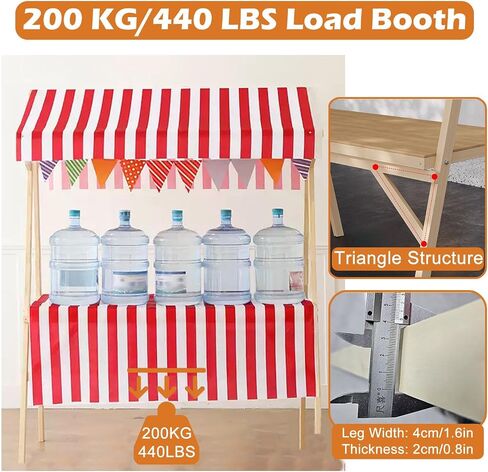 Wooden Street Booth Vendor Display Stand, Rolling Market Cart Stall with Red Awning & Table Cloth, Outdoor Vending Kiosk for Retail Shops Fairs in Saudi Arabia