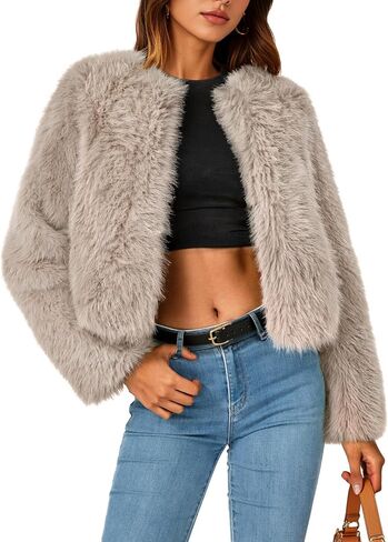 ZESICA Women's 2025 Winter Faux Fur Coats Fluffy Cropped Jacket Long Sleeve Shaggy outerwear Fall Clothes with Pockets in Saudi Arabia