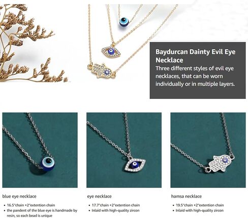 Baydurcan Dainty Evil Eye Necklace and Hamsa Necklace Turkish Blue Eye Hand Pendant Necklace 3pcs Lucky Protection Jewelry Gift for Women Girls in Kuwait