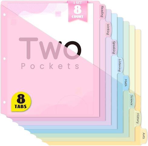 Sooez 8-Tab Binder Dividers with Two Pockets, 8 Tabs Dividers for 3 Ring Binder Organizers, 3-Hole Plastic Sheets Protectors for US Letter Size, School, College, Office Supplies, Pastels, Set of 1 in Saudi Arabia
