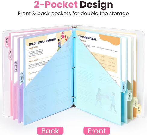 Sooez 8-Tab Binder Dividers with Two Pockets, 8 Tabs Dividers for 3 Ring Binder Organizers, 3-Hole Plastic Sheets Protectors for US Letter Size, School, College, Office Supplies, Pastels, Set of 1 in Saudi Arabia