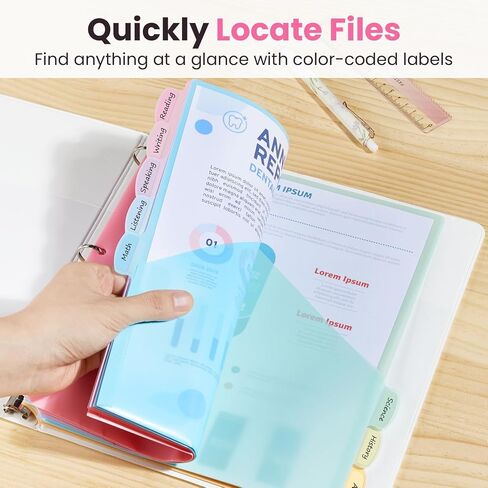 Sooez 8-Tab Binder Dividers with Two Pockets, 8 Tabs Dividers for 3 Ring Binder Organizers, 3-Hole Plastic Sheets Protectors for US Letter Size, School, College, Office Supplies, Pastels, Set of 1 in Saudi Arabia