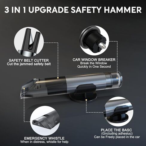 Safehammer - 3 في 1 مطرقة آمنة لكسر الزجاج تحت الماء، قاطع نوافذ السيارة بمطرقة حزام الأمان وصافرة النجاة، أداة الهروب في حالات الطوارئ، مطرقة زجاجية آمنة لجميع السيارات (قطعتان) in Kuwait
