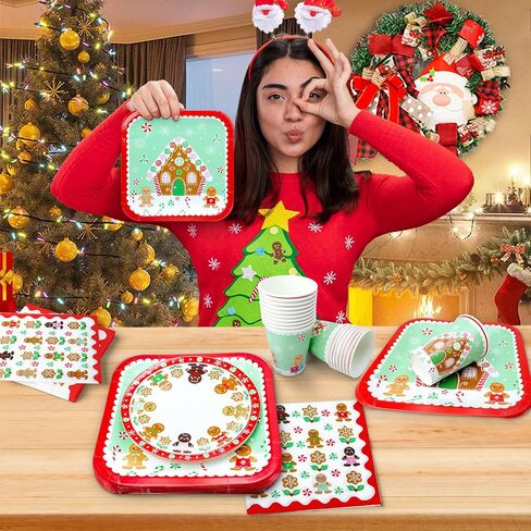YY 150 Christmas Party Paper Plates Napkins Set Gingerbread Dinner Plates with Paper Napkins Disposable Dinnerware in Saudi Arabia