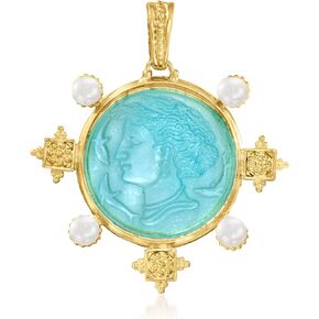 Ross-Simons Italian Tagliamonte Blue Venetian Glass Pendant With 5-6mm Cultured Pearls in 18kt Gold Over Sterling