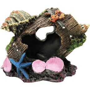 SLOCME Aquarium Broken Barrel with Conch Decorations - Betta Cave Hideout Fish Tank Barrel Ornament
