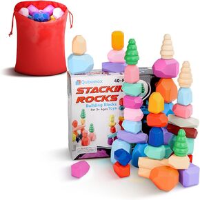 Qubomax 40PCS Rainbow Stacking Rocks - Educational Stacking Toys for Ages 3-9 - Engaging Mindful Games For Enhancing Creativity, Hand-Eye Coordination, Sorting, Balancing Skills - Smooth Wooden Blocks
