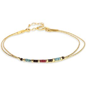 Sonateomber Gold Dainty Beaded Link Bracelets for Women Girls, Cute Handmade Adjustable Colorful Mixed Stones Boho Stackable Layered Friend Bracelet Trendy Jewelry Gift