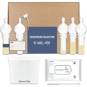 40 Weeks After - Colostrum Collector - Reusable Breast Milk Collection kit with 5 5ml Collectors, Water Wipes, Silicone Bag, ice Pack, Labels, Marker and Brush - BPA Free Portable Milk Collectors