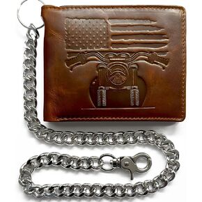 MID WEST RANGE Patriotic Biker Wallet with Chain for Men - Distressed Brown Leather Wallet w/ 10 Card Slots – 100% Leather Bifold Wallets for Men - Mens Chain Wallet. Gift wallet for Biker.
