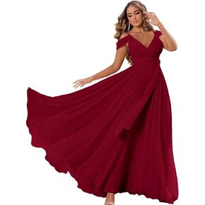 BRANCY ART Women's Cold Shoulder Bridesmaid Dress with Pockets Long V-Neck Formal Wedding Guest Dress with Slit