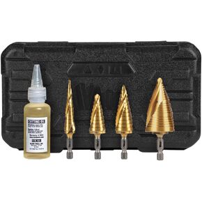 Klein Tools 25950 Step Drill Bit Set, Spiral Double Fluted, Titanium Nitride Coating, 1/4-Inch Impact Shank, Rugged Case, 4-Piece