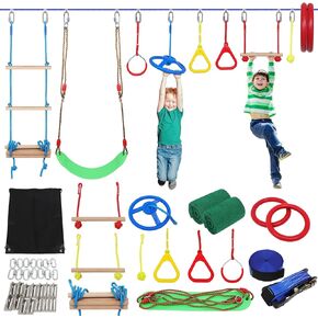 Ninja Warrior Kids Obstacle Course, 65 FT Durable Slackline with 7 Obstacles-Swings, Monkey Bars, Arm Trainers and More, Weatherproof Outdoor Obstacle Course for Backyard, Gym, Field