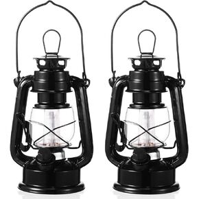 Hortsun 2 Pcs Vintage LED Camping Lanterns 12 Warm LEDs and Dimmer Switch Battery Operated Metal Hurricane Lantern Decorative Hanging Lantern for Indoor Outdoor Usage Decor, Black (8 Inch)