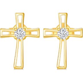 14k Gold Created Moissanite Cross Stud Earrings for Women, Real 14 kt Gold Religious Earrings Comfirmation Jewelry Gifts for Her