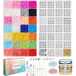 LEUCHTAMOR 4mm Seed Beads,6600pcs 28 Colors Seed Beads for Bracelets,1000pcs Letter Beads for Making Name Friendship Bracelets Jewelry Crafts with Elastic Cord for Girls