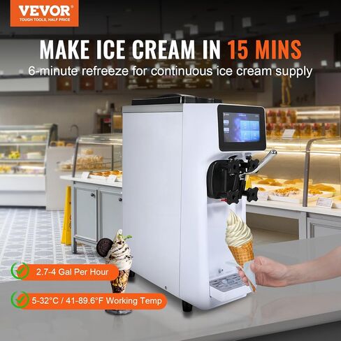 VEVOR Commercial Ice Cream Machine, 10.6 QT/H Yield, 1000W Single Flavor Countertop Soft Serve Ice Cream Maker, 4L Hopper 1.6L Cylinder, Touch Screen Auto Clean Pre-cooling, for Restaurant Snack Bar in Saudi Arabia