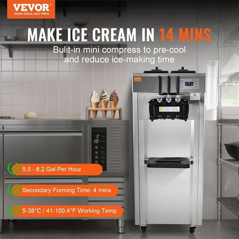 VEVOR Commercial Ice Cream Machine, 10.6 QT/H Yield, 1000W Single Flavor Countertop Soft Serve Ice Cream Maker, 4L Hopper 1.6L Cylinder, Touch Screen Auto Clean Pre-cooling, for Restaurant Snack Bar in Saudi Arabia