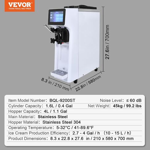 VEVOR Commercial Ice Cream Machine, 10.6 QT/H Yield, 1000W Single Flavor Countertop Soft Serve Ice Cream Maker, 4L Hopper 1.6L Cylinder, Touch Screen Auto Clean Pre-cooling, for Restaurant Snack Bar in Saudi Arabia